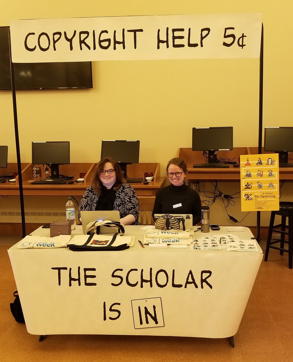 KyleKCourtney's tweet photo. The #CopyrightFirstResponders are hosting a #FairUseWeek table @HarvardLibrary this week! Come by and ask #copyright & #fairuse questions or enter the raffle for @FairUseWeek shirts, bags, & other prizes! https://t.co/DTv8tzMBuH