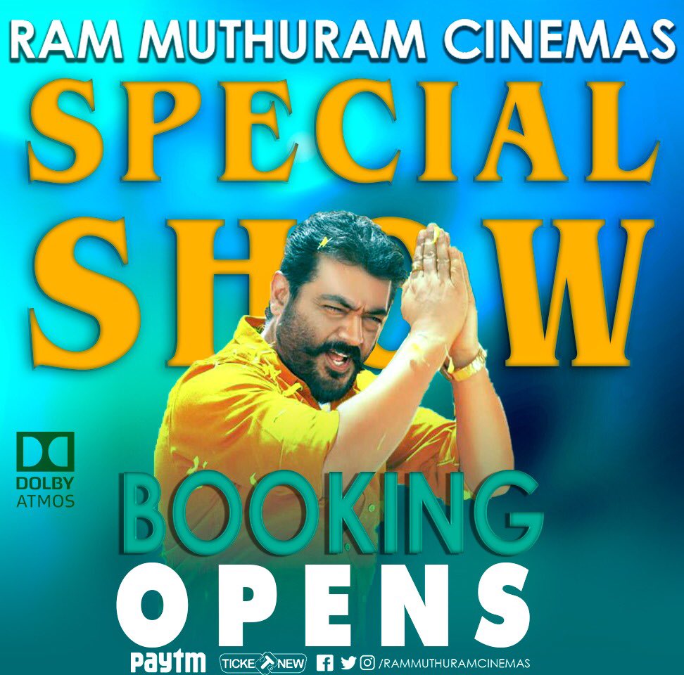 RamCinemas's tweet photo. Here we go !!
Bookings opens for #ThalaAjith #Viswasam 
Both counter and Online Bookings are available !!
Let’s Celebrate the Victory loudly with #Viswasam and super hits songs of #Thala in #PowerfulDolbyATMOS 
#Viswasam50inRamCinemas https://t.co/pHUlPJgLpa