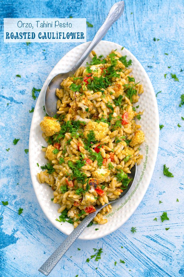 Vegan Roasted Cauliflower Salad with orzo and a basil-pesto-tahini sauce! Delish!!! healingtomato.com/roasted-caulif… <a href="/MeatlessMonday/">Meatless Monday</a> #vegan #meatlessmonday #Salad