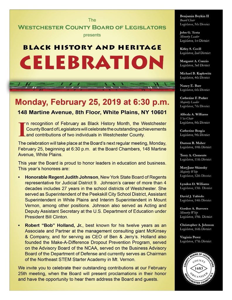 Join The <a href="/westchesterBOL/">Westchester County Board of Legislators</a> as they celebrate Black History Month and honor the Honorable Regret Judith Johnson and Robert "Bob" Holland, Jr. TONIGHT at their BOL meeting at 6:30pm. #BHM