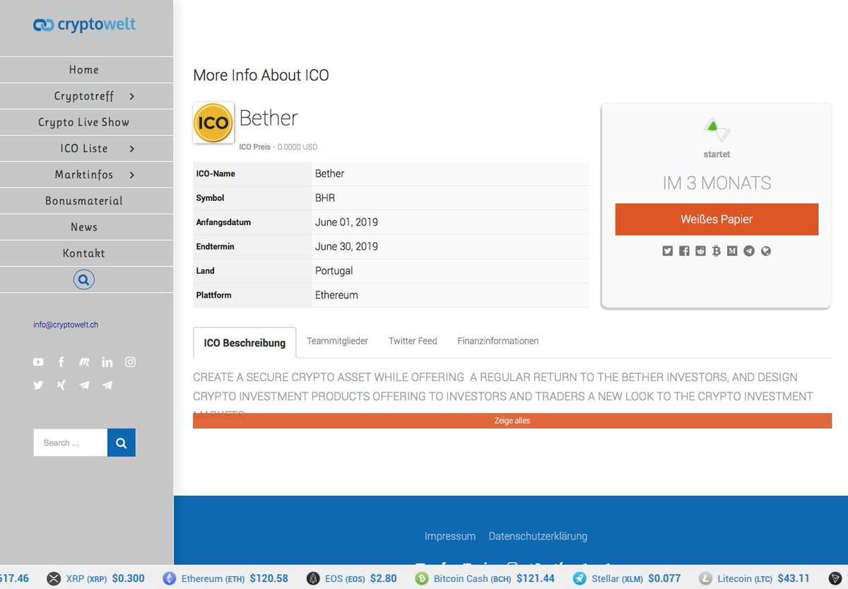 BETHERcoin's tweet image. @BETHERcoin LIESTED ON @cryptowelt /// cryptowelt.ch/icos/bether /// #BITCOIN #ETHEREUM #ICO #XRP #ETH #BHR #BTC #IOT #EOS #LTC #DSH #ETP #BCH #ZCASH #PENNYSTOCKS #CRYPTO #CRYPTOCURRENCIES #CRYPTOCURRENCY #INVEST #INVESTING #NEM #CARDANO #TRON #MONERO #TETHER / #BETHER #BETHERCOIN
