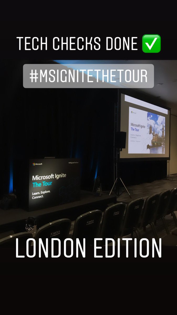 AmyKateNicho's tweet photo. Tech check done ✅ ready for #MSIgniteTheTour #London to start tomorrow 👩🏼💻 sessions on day 1: #DAT20 10:50am, #FUN50 3:30pm and #communitypanel 5:10pm - hope to see you there!!! 😊👍 https://t.co/1qKlclnpKK