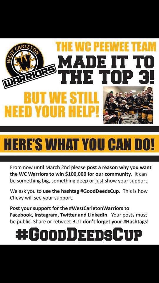Tyler11Paul's tweet photo. Happy to see good things happening where I grew up! #WestCarletonWarriors are in the finals for the #GoodDeedsCup! They’re doing thier part at supporting tornado victims in Dunrobin. A retweet is all I ask of you! https://t.co/encfWSYemk