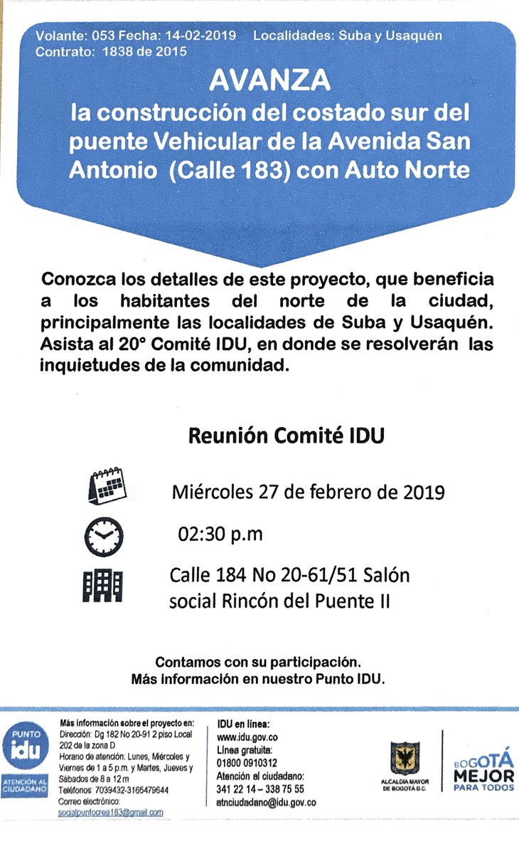 subaalcaldia's tweet photo. #SubaInforma ☑️

Conozca los detalles de este proyecto que beneficia a los habitantes del norte de la ciudad principalmente a las localidades de Suba y Usaquén. 

Miércoles 27 de febrero 
Hora: 2:30 p.m.
Salón Social Rincón del Puente II https://t.co/kcuLwtOTBF