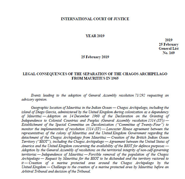 READ HERE: the full text of the #ICJ Advisory Opinion on the Legal Consequences of the Separation of the #Chagos Archipelago from Mauritius in 1965 bit.ly/2XpMOXZ