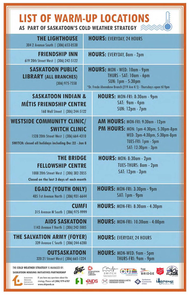 Saskatoon - when it’s this cold we work together to ensure everyone has a safe, warm place to be.  Please share the warm up locations. <a href="/SHIPartnership/">SHIP</a> <a href="/SaskatoonFire/">Saskatoon Fire Department</a> <a href="/cityofsaskatoon/">City of Saskatoon</a> <a href="/SaskatoonPolice/">Saskatoon Police</a>