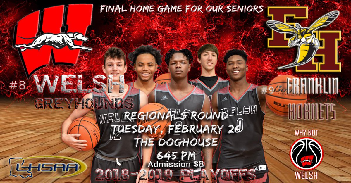_CoachRichFit's tweet photo. 🏀#MarshMadness Regionals🏀
#8 Welsh 🐾
#9 Franklin 🐝
📆February 26, 2019
🕰6:45 PM
💸Admission $8
📍The Doghouse (Welsh HS)

#SWLAPreps #AcadianaPreps @KPLC7Sports @BradyRenardKPLC @OTBSports_ @2a_class @PrepHoopsLA @SethLewisInc https://t.co/29gbXtXcoN
