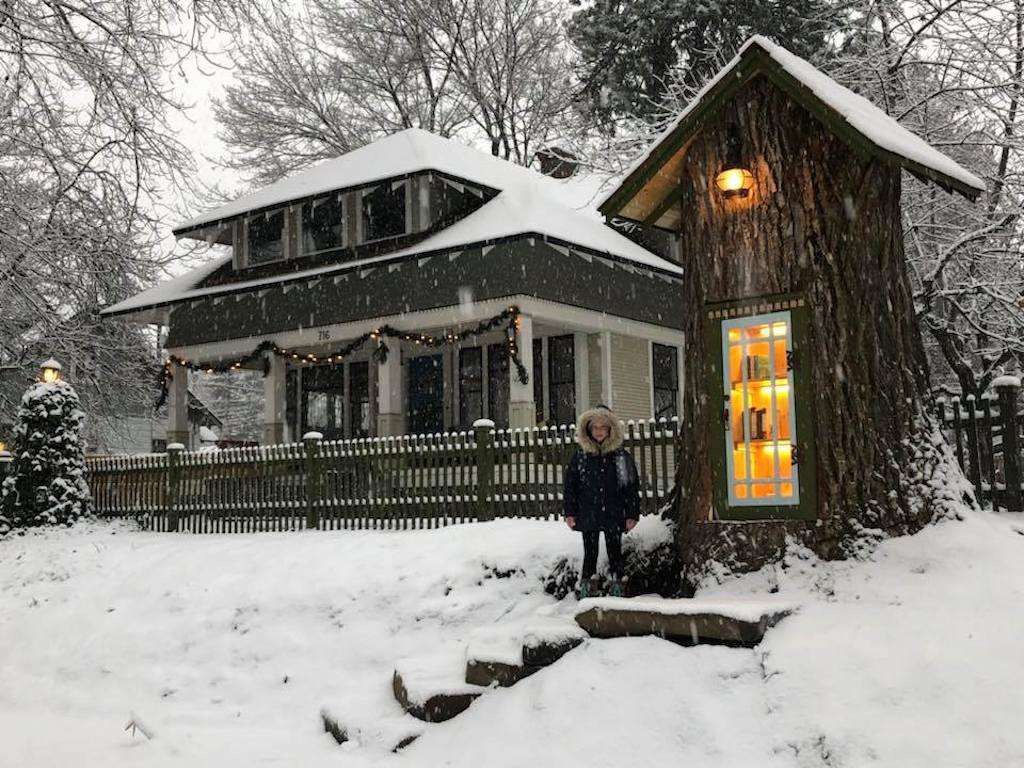 BookChat_'s tweet photo. Turning a dead tree into a small free #library that looks like something straight out of a fairytale! https://t.co/btSScFXlHg