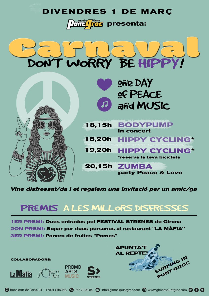 puntgroc's tweet photo. Prepara la teva disfressa perquè el CARNAVAL arriba al #puntgroc !

No et perdis el concert #dontworrybehippie el proper DIVENDRES 1 DE MARÇ amb els millors #premis de la mà de: @festivalstrenes @la_mafia_girona @pomesgirona 
#SORPRESES #surfinginpuntgroc 🤷🏼‍♂️🧐🏄🏽‍♂️😏 https://t.co/tj0WPZptuP