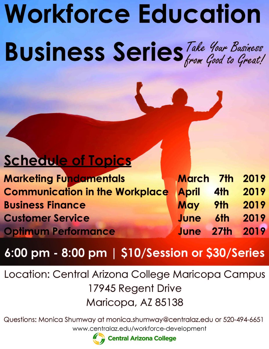 MaricopaEconDev's tweet photo. Interested in exploring business potential! Central Arizona College is offering a six-month series on best practices in the workplace and workforce education. The series kicks off on Thursday, March 7 from 6 - 8 p.m.! https://t.co/7SKRBpq5hf https://t.co/Cawvh3kQ3I