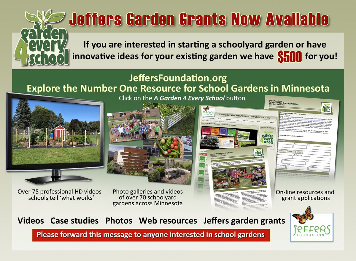 NEW DEADLINE &amp; QUALIFICATIONS for GRANTS!
April 1, 2019 &amp; DOES NOT have to be a starter garden - can be for an innovative idea for an existing garden - Get your application in today!
jeffersfoundation.org/school-gardens…