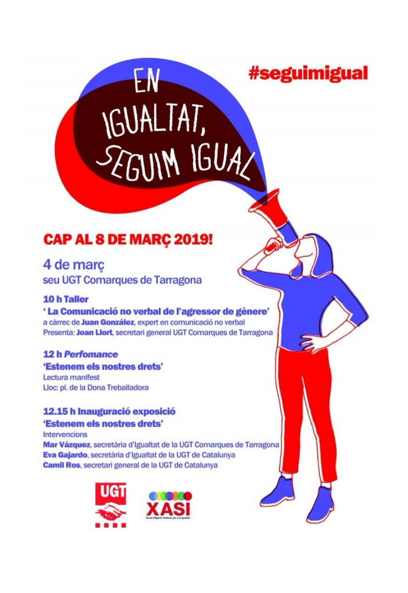marmarvazquez's tweet photo. Sota el lema de la campanya @ugtcatalunya @XASIUGT #enigualtatseguimigual i entorn els actes del #8M a @UGTTarragona continuem treballant en materia d #igualtat!
Avui tancant detalls d'organització!!!
Som-hi company@s!!! #ugt #somlluita #xasi #8M #8Març #8marzo #8M2019 https://t.co/oKeWsJ7nco