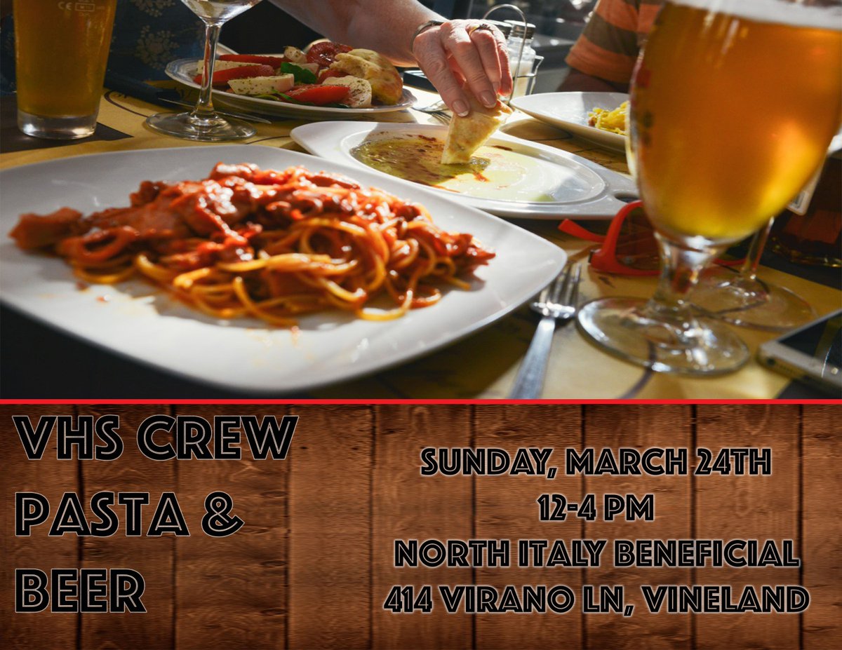 The Vineland High School Crew Team will be holding a “Pasta and Beer” fundraiser on Sunday, March 24 from 12-4pm at the North Italy Beneficial Association, 41 Virano Lane, Vineland. Tickets are $10 per person and may be purchased from any Crew member or coach.