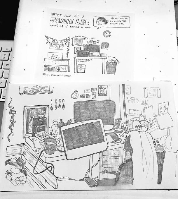 描いたのが全く記憶に残ってない元同居人の机。美大生シリーズの元ネタかな? 