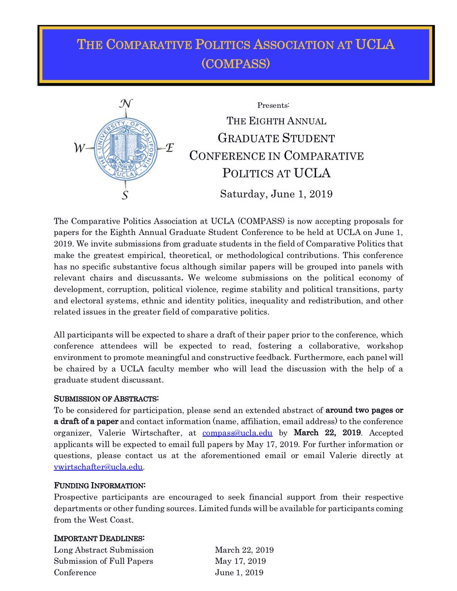 Are you a grad student interested in presenting your paper at #UCLA #ComparativePolitics Association's Annual Conference at @polisciucla? Applications now open -- See the flyer below for more info! @womenalsoknow #polisci #academictwitter #econtwitter