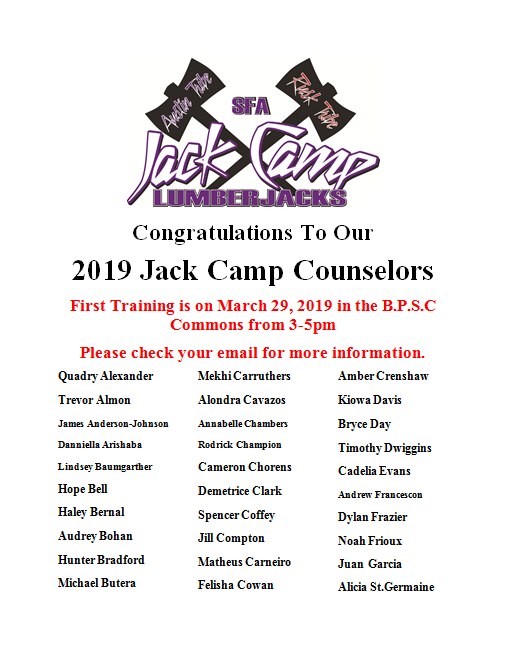 JACKSSTAFF23's tweet photo. CONGRATULATIONS to our 2019 Jack Camp Counselors! We hope you are as excited for camp as we are! #axeemjacks https://t.co/EtWVikMCCc