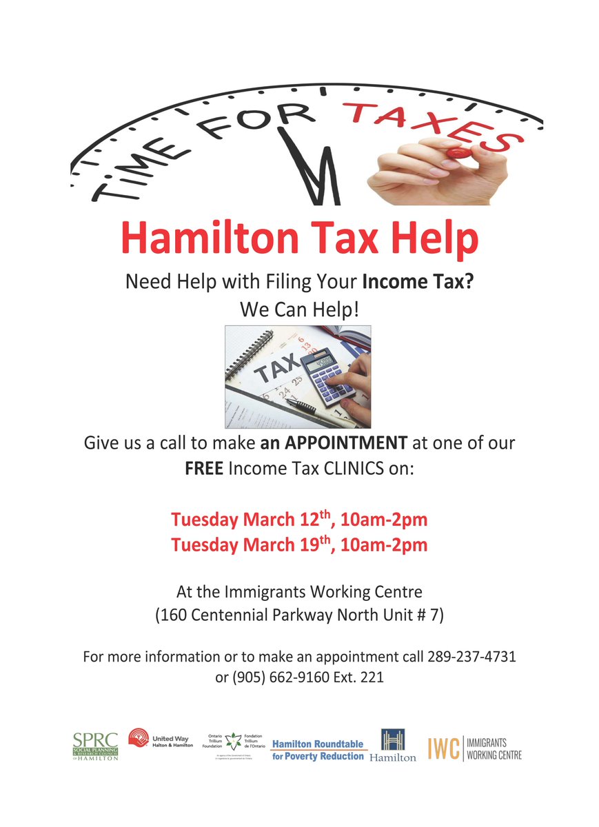 SPRCHamOnt's tweet photo. We have some upcoming Tax Clinics in March at @iwchamilton Call to make your appointment now! #HamiltonTaxHelp #TaxSeason #helpingHamilton #HamOnt https://t.co/Vu0JEC90vr