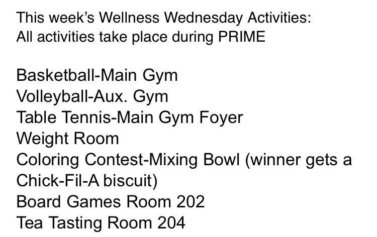 LVHS_Wellness's tweet photo. Break up the 5 day week with Wellness activities Wednesday during PRIME.  All @LVHS_official staff and Ss welcome to attend! https://t.co/IlpFrlTgSK