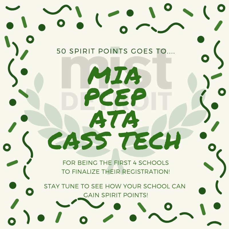 mistdetroit's tweet photo. CONGRATS to the first 4 schools who finalized their registration! Stay on the look out for more spirit points!!! 4 MORE DAYS until registration officially closes!! #MISTDetroit #SpiritPoints #RegisterRegisterRegister https://t.co/5PTF8lrleh