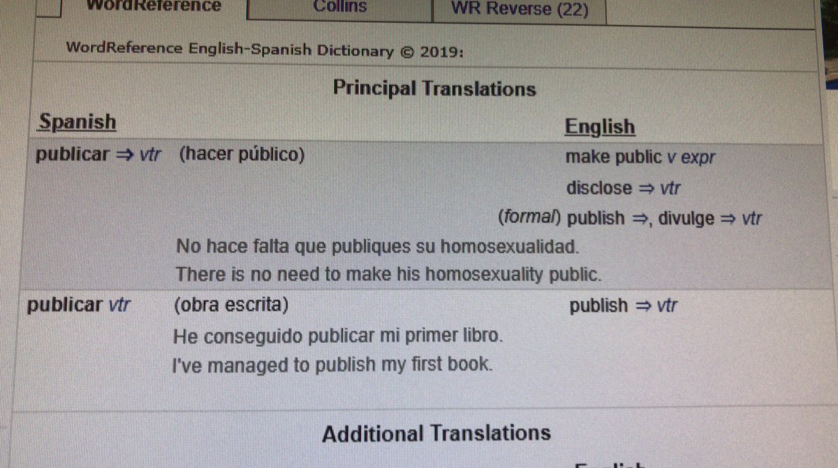 james_cole's tweet image. A #WordReference no se le ocurría mejor frase para ejemplificar el uso de “publicar” que “No hace falta que publiques su homosexualidad / There is no need to make his homosexuality public” 😑