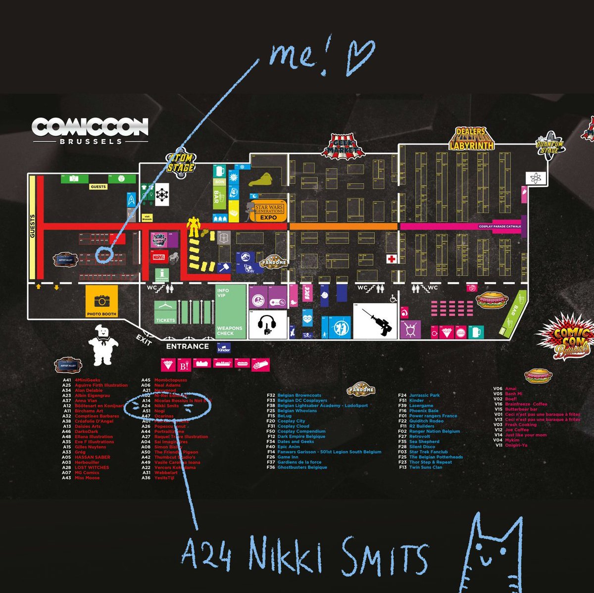 Nikki_Smits's tweet photo. I'll be at @comicconbrussel this weekend and thisis how you can find me! I'm located in the Artist Alley at table A24. Note that the Artist Alley is located near the guests and not in the dealer hall! Hope to see you there 😊💕 #comicconbrussels https://t.co/hAJvBMmljk