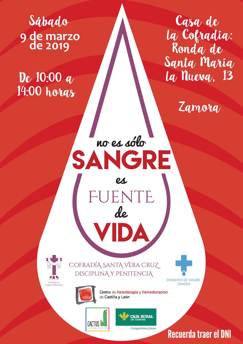 Jornada de Donación de Sangre. Sábado 9  de marzo de 10 a 14 horas, en la Casa de la Cofradía de la Vera Cruz.