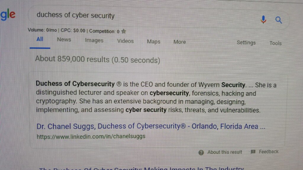 DuchessOfCyber's tweet photo. I was amazed to see these search results on Google. Thanks Kennedy Benedio for sending it to me. The results shows 859,000 for the Duchess of Cybersecurity. Thank you all for your support!!!
#cybersecurity #Google #DuchessofCybersecurity https://t.co/RKTuFUuQWf