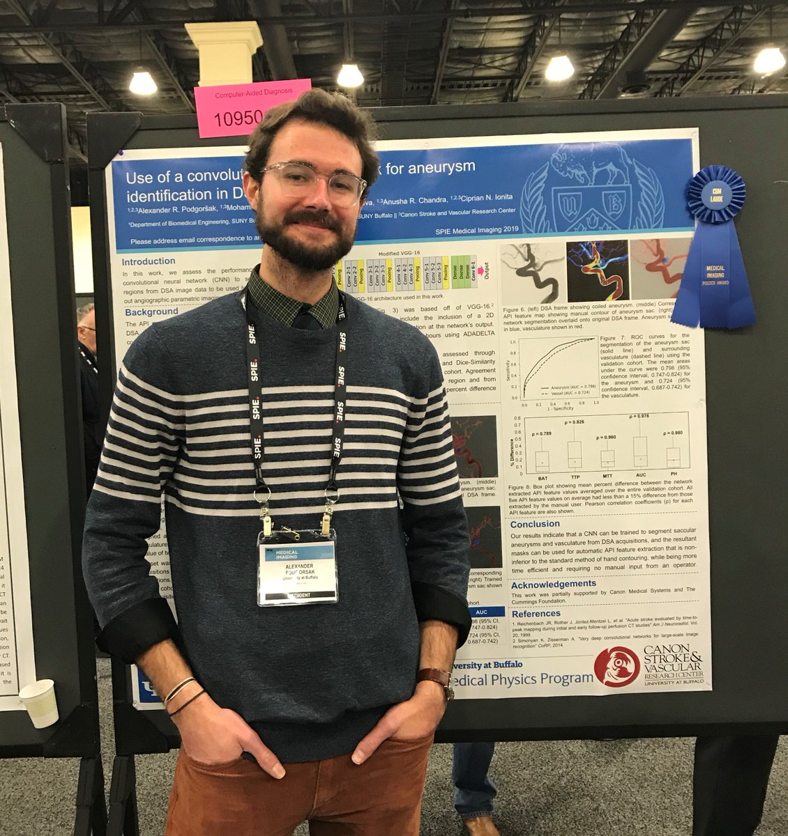 UB_BME's tweet photo. BME PhD student Alex Podgorsak receives the Cum Laude Award for his work on "Use of a convolutional neural network for aneurysm identification in DSA”- 2019 SPIE Medical Imaging Conference: San Diego, CA. Great job Alex! #SPIEIMAGING @UBengineering #UBuffalo #UBBME https://t.co/9gwjnmNWrW