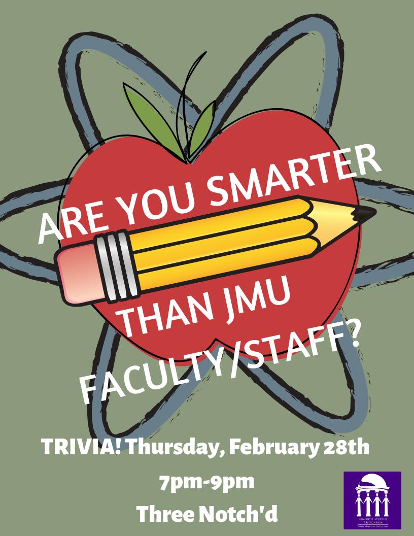 JMUGSA's tweet image. Come out THIS THURSDAY from 7pm to 9pm to Three Notch'd for GSA Trivia! Compete against JMU's faculty and staff to find out who is smarter 😉