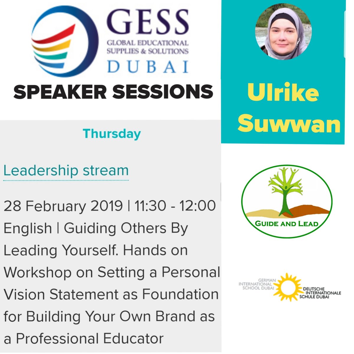 guideandlead's tweet photo. Attending @GESSeducation GESS Dubai?
Well then, come over and join my short reflective workshop on personal branding for educators...
See you there ...
#GESSDubai #branding #guideTOlead #guideandlead #germanschooldubai @KHDA https://t.co/JV1yfmEArJ