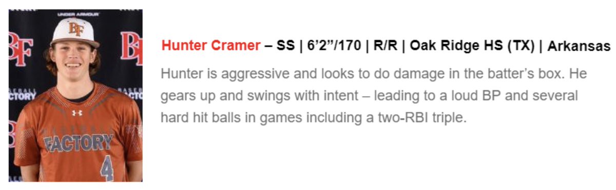 Hunter Cramer (<a href="/HunterCramer8/">Hunter Cramer</a>) from Oak Ridge HS and @HPbaseball3, represents #BFTexas on the list of top-performing 2020 Shortstops from the #UAPreSeason All-America Tournament! 

The <a href="/RazorbackBSB/">Arkansas Baseball</a> commit’s full scouting report and video can be viewed at bit.ly/2NsO2gT