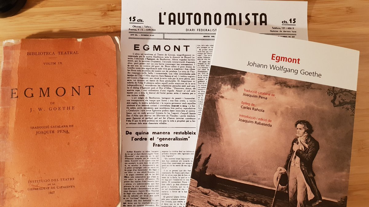 KRLS's tweet photo. A @CurbetEdicions han publicat l'Egmont de Goethe, que va traduir Joaquim Pena l'any 1937, i hi han afegit un text de Rahola. És un privilegi tenir les dues edicions. Glaça la sang llegir el pressagi de Rahola a propòsit de l'obertura de Beethoven. Fou assassinat 2 anys després. https://t.co/sCteZ8gYCo