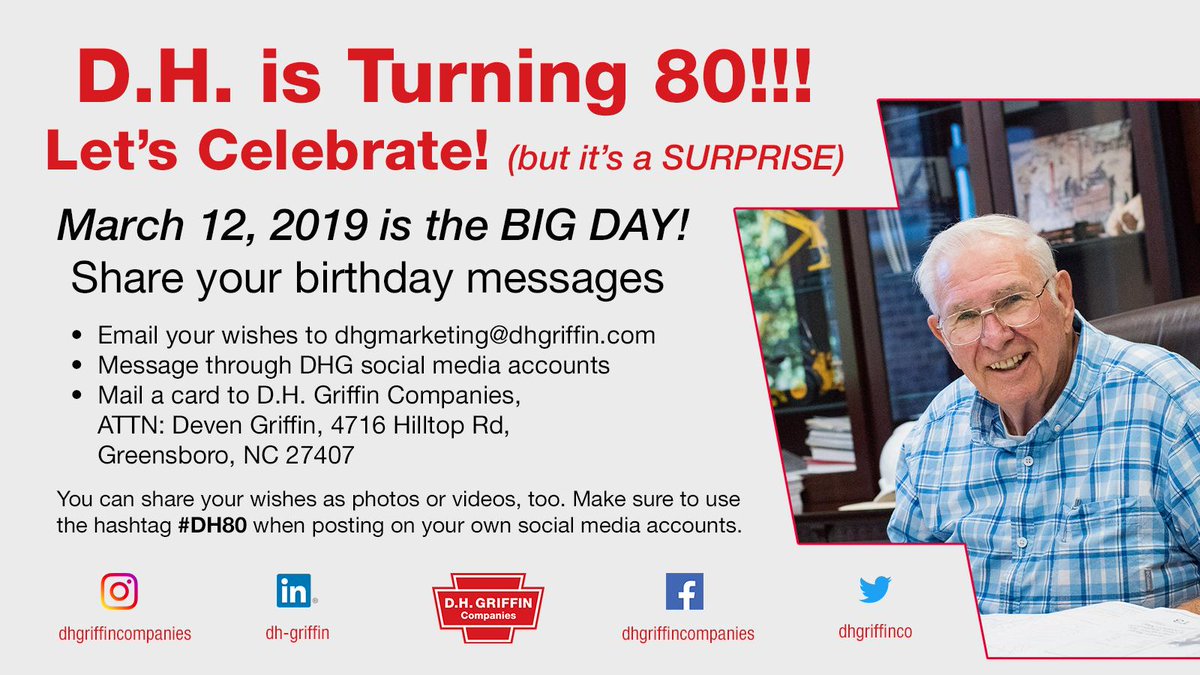 DHGriffinCo's tweet photo. D.H. is Turning 80!!! Let's Celebrate (but it's a Surprise)
March 12, 2019 is the BIG DAY! Share your birthday messages by THURSDAY, MARCH 7! 🎂🎉🥳 #DH80 https://t.co/hTKE7MBpDY