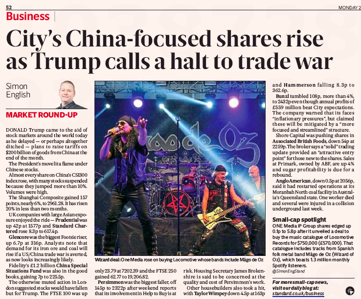 OneMediaiP's tweet image. Great feature in today's @EveningStandard "Small Cap Spotlight" following our acquisition of the music catalogue of #LocomotiveRecords. #AIM #MusicRights #OMIP