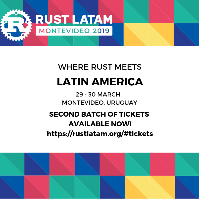 RustLatamConf's tweet photo. Our second ticket's batch is open. Don't miss a chance to attend to #RustLatam! 🦀 https://t.co/E9btcgcZgx https://t.co/5vSALw8HsD