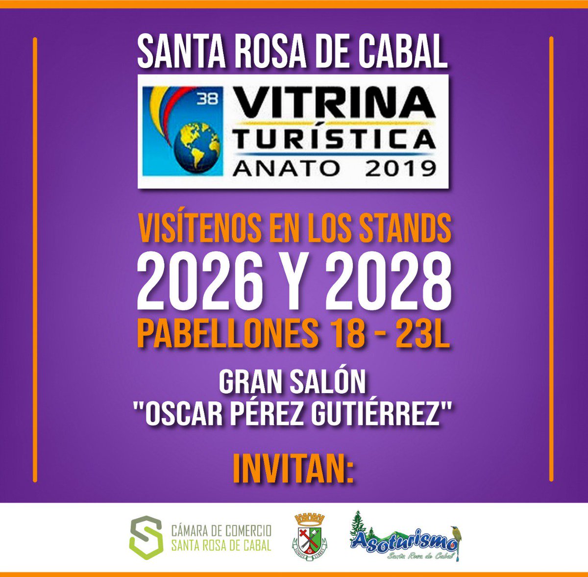 jeanorva's tweet photo. Santa Rosa de Cabal, Risaralda, presente en la 38° Vitrina Turistica @AnatoNacional #VitrinaTuristica2019 te esperamos en el Stand Viajes Isa SAS. @camarasantarosa @asoturismosrc @Alcaldiastarosa Juntos construimos Destino. https://t.co/0fnahkHte3