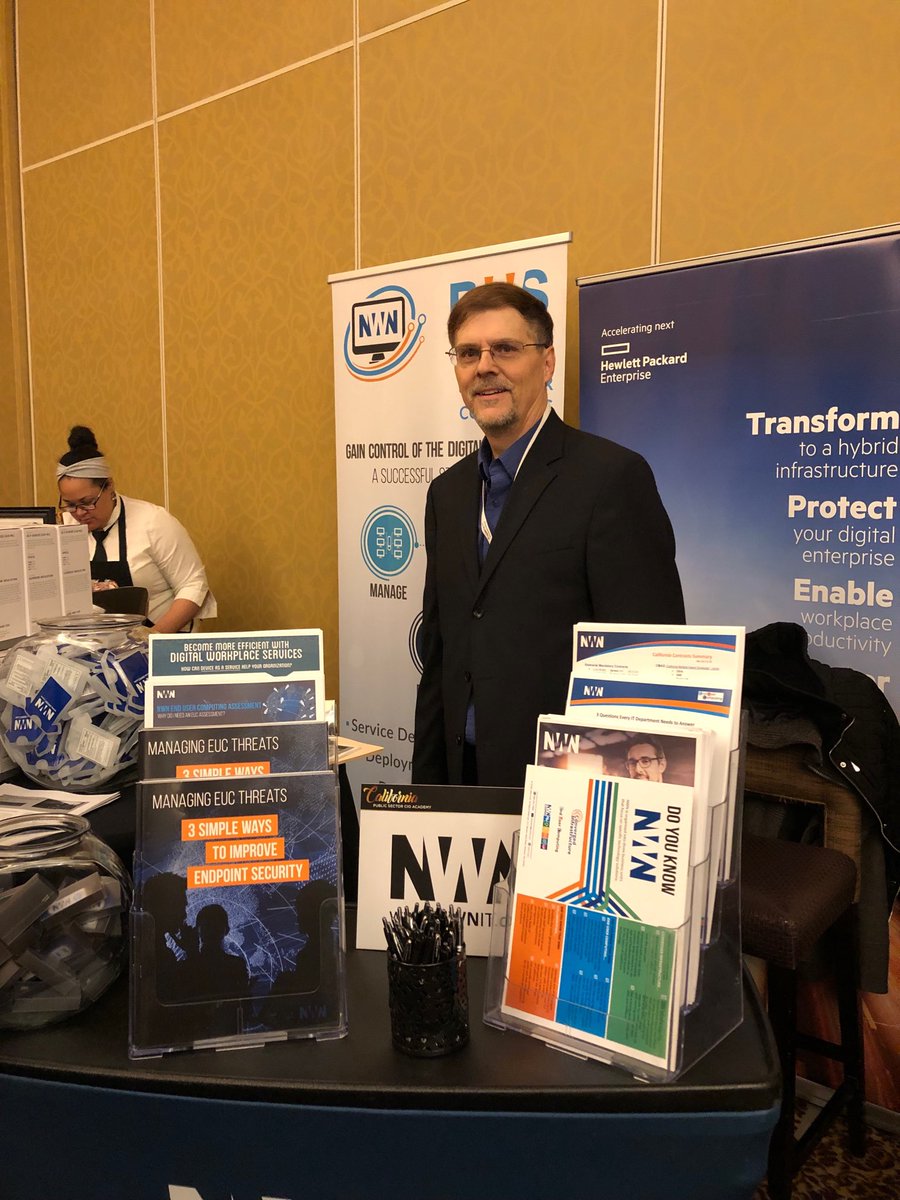Kelly_SmithAnne's tweet photo. NWN’s Phil Leekley at our booth at CIO Academy in Sacramento. Stop by the Sheraton for expert advice, fantastic give-always &amp; espresso drinks.  ⁦@NWNCorporation⁩ #
#govtechlive https://t.co/itKFMjVJgY