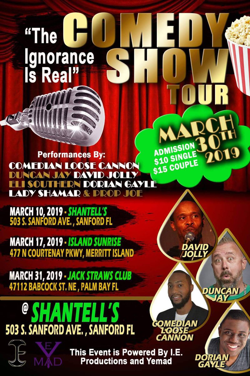 YemadF's tweet photo. The Ignorance is Real Comedy Tour is coming to Seminole and Brevard County in March. Tickets are $10, and $15 for couples. Cities include Sanford, Merritt Island, and Palm Bay, Florida. #Laugh https://t.co/FfJDfZNHAk