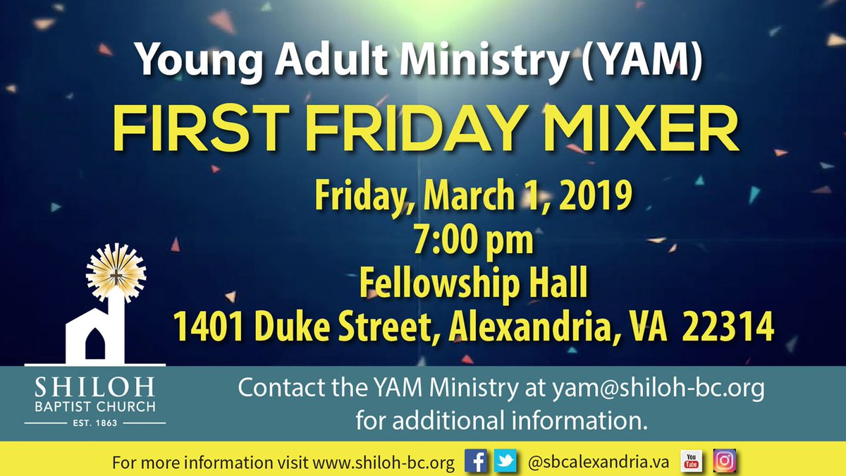 SBCAlexVA's tweet photo. Come and join the young adults of Shiloh for food, fun, and fellowship. Admission is free, so bring a friend or two! Can't wait to see you there! #SBCVALIve #YAM https://t.co/XpMX8IIese