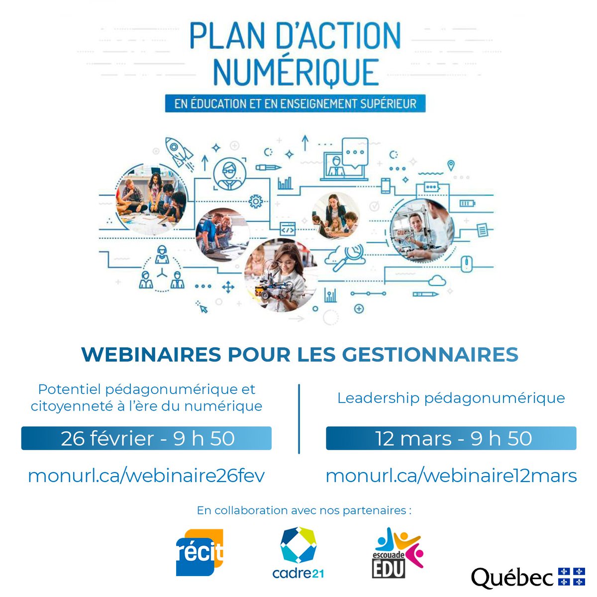 LeCADRE21's tweet photo. C'est ce mardi 26 février qu'est présenté le premier d'une série de 2 webinaires destinés aux gestionnaires scolaires du Québec, en collaboration avec le @recitqc et @escouadeEDU. 

Serez-vous des nôtres? 📲💻🖥️

#EduQc #EduNumQc #DevProf #DPcontinu #recitqc #cadre21 #escouadeedu https://t.co/bUPymKFYo4