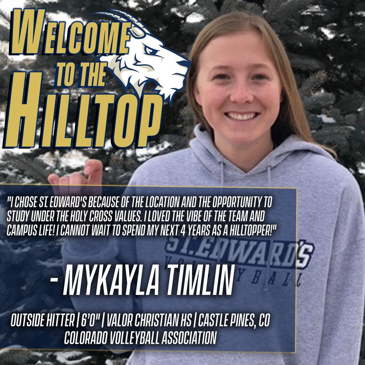 St. Edward's Volleyball (@seuvball) on Twitter photo Welcome to the Hilltop Mykayla! #FearTheGoat Welcome to the Hilltop Mykayla! #FearTheGoat