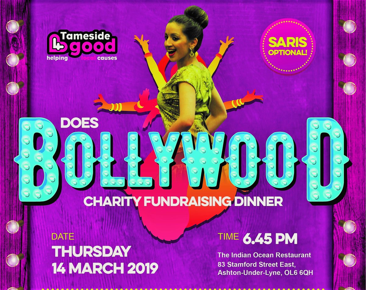 Tameside4Good's tweet photo. Have you booked your place for @Tameside4Good does #Bollywood first fundraising dinner #Tameside_Hour? We have a few tables booked in already @BennettStaff1 @Pearson_SFB @PearsonSFA @DroylsdenGlass @AsOne @ALIST71 @BromleysLLP @digiflamingo @FMN_Buddies. https://t.co/nmTfMiWj0p