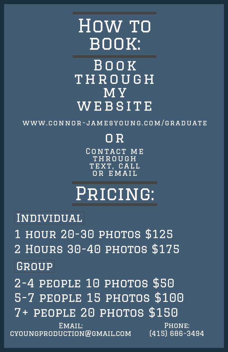 Hey everyone!

GRAD SZN is here and GRAD PICS are a must. Head over to my website and claim your spot on the calendar for your own graduation pictures. Sign up before the prices go up and your spot is taken!

connor-jamesyoung.com/graduation/