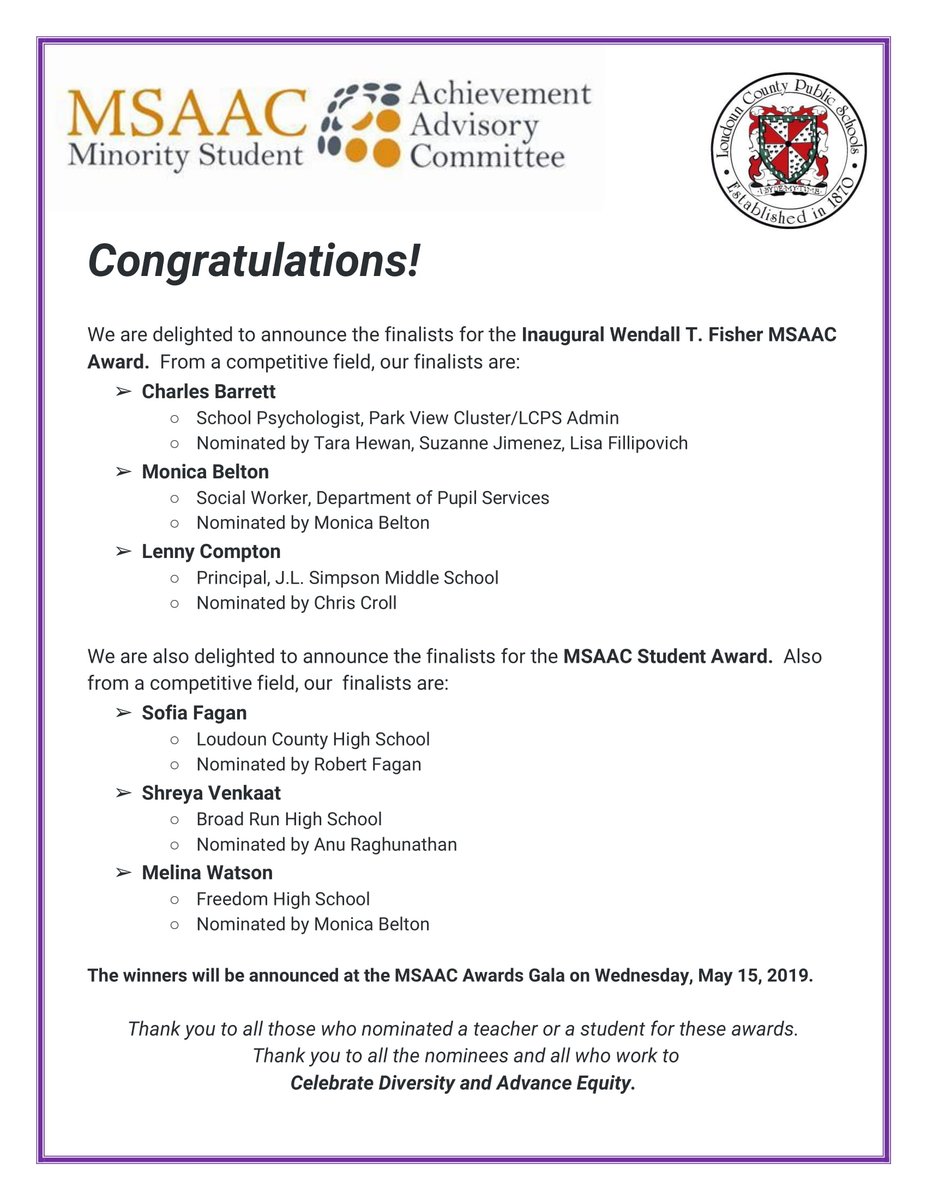 LCPSMSAAC's tweet photo. We are pleased to announce the finalists for the Inaugural Wendall T. Fisher Award and the MSAAC Student Award.  Congratulations to all who were nominated, and thank you to all who celebrate diversity and advance equity. https://t.co/1Hx3ELU91J