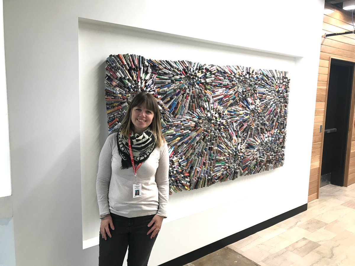 IBJnews's tweet photo. Artist @JennHassin today installed a piece called "Past to Present" in IBJ's new offices in the IPL building. She created it from IBJ Corp. papers and publications from the 1980s through the present. It's another reason we can't wait to move into the space next month. https://t.co/HyeC1W9Z6i