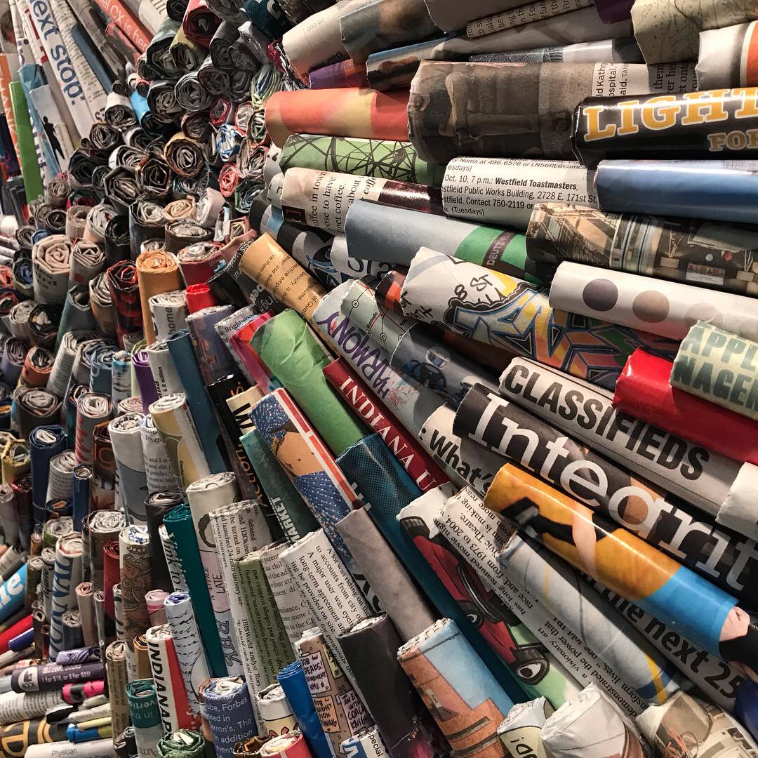 IBJnews's tweet photo. Artist @JennHassin today installed a piece called "Past to Present" in IBJ's new offices in the IPL building. She created it from IBJ Corp. papers and publications from the 1980s through the present. It's another reason we can't wait to move into the space next month. https://t.co/HyeC1W9Z6i