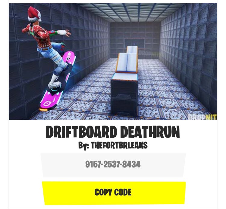 FortniteCreatif's tweet photo. 3 différentes maps deathrun pour vous éclater ou rager ☺️ :

DROPNITE DEATHRUN : 6922-6910-7394
CASTLE DEATHRUN : 9665-0828-3096
DRIFTBOARD DEATHRUN : 9157-2537-8434

#Fortnite #FortniteCreative https://t.co/XQnFih7I4l