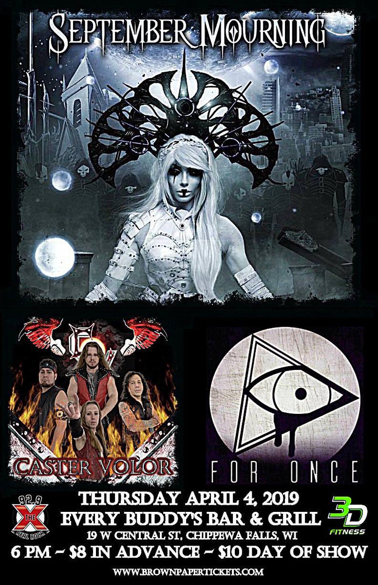 castervolor's tweet photo. Thursday, April 4th, we hit the stage w/ @SeptmbrMourning and For Once at Every Buddy’s Bar and Grill brought to you by @ArdentEnt @929TheX
Get your tickets now at: https://t.co/IEZJFapLpT
#concert #livemusic #hardrock #heavymetal #everybuddysbar #ardentent #wisconsinshows https://t.co/dt3mLoChqS