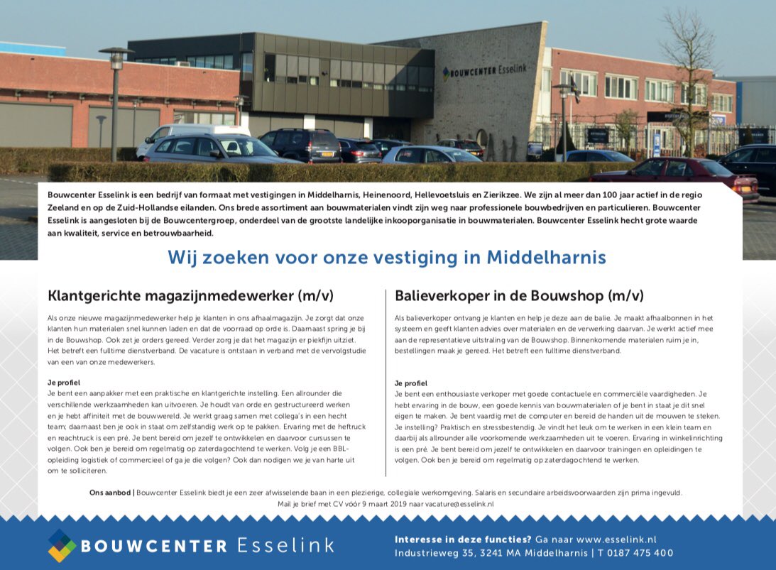 Wij zijn op zoek naar een enthousiaste #magazijnmedewerker en #baliemedewerker m/v in onze vestiging #Middelharnis. Word jij onze nieuwe collega?#vacatures <a href="/BcEsselink/">Bouwcenter Esselink</a>