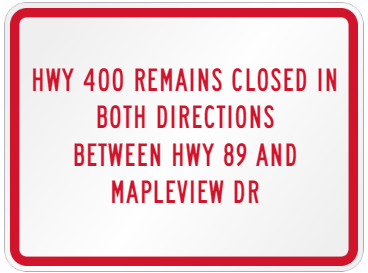 OPP_GTATraffic's tweet image. UPDATE:ROAD CLOSURE: #Hwy400  remains CLOSED in both directions between  Hwy 89 and Mapleview Dr #Barrie - Reopening time unknown.  ^ag